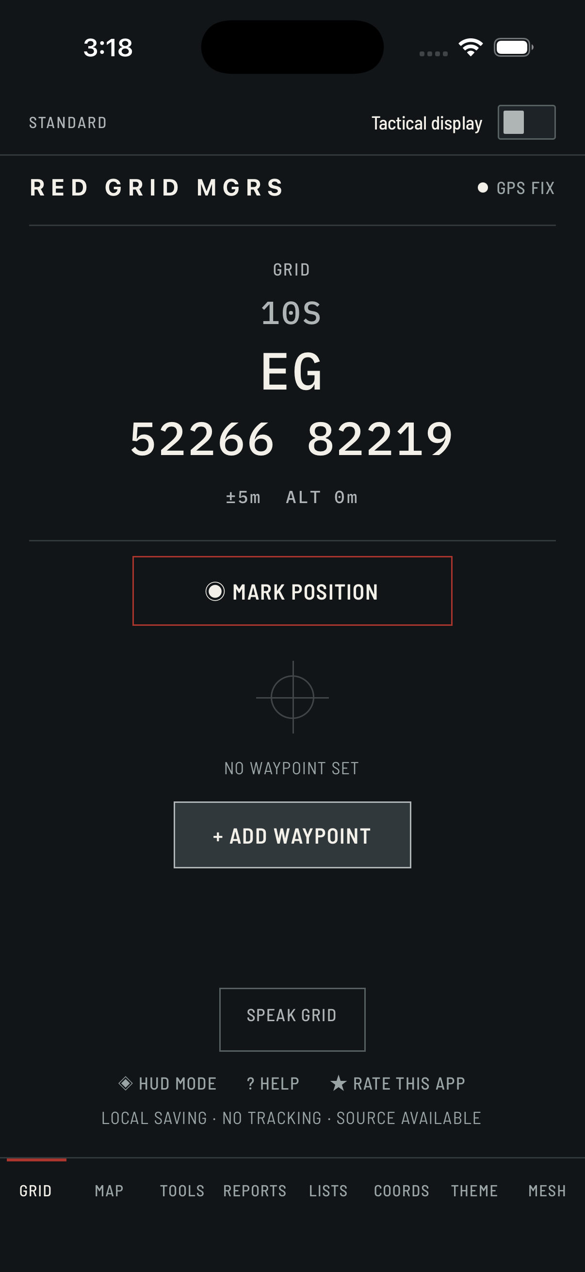 Actual Red Grid MGRS Standard display with GPS coordinates and waypoint controls